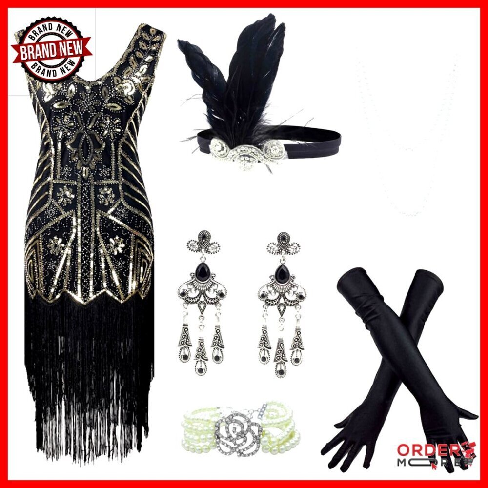 1920s Flapper Sequin Cocktail Dress with Accessories Set